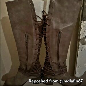 Sz 8 Freebird COAL Tall Knee High Lace Grey /Brown Leather Boots. Item # 21475